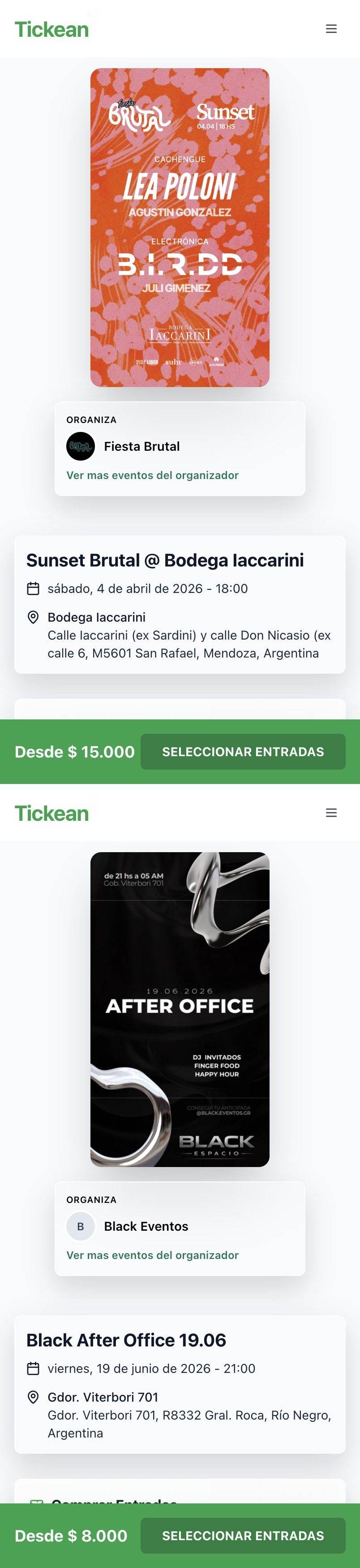 Fil d’événements Tickean sur mobile